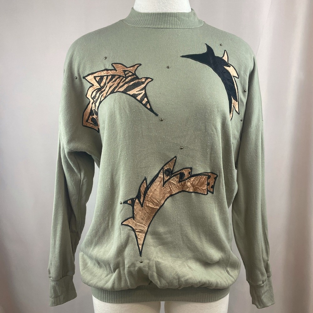 Vintage 80s Womens (L) FLIRT Tiger Crew Sweatshirt Sage Abstract Mobwife USA